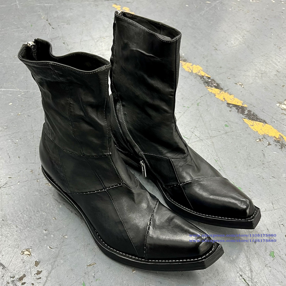 Men'S Shoes Zipper - Bottes en cuir noir pour hommes,